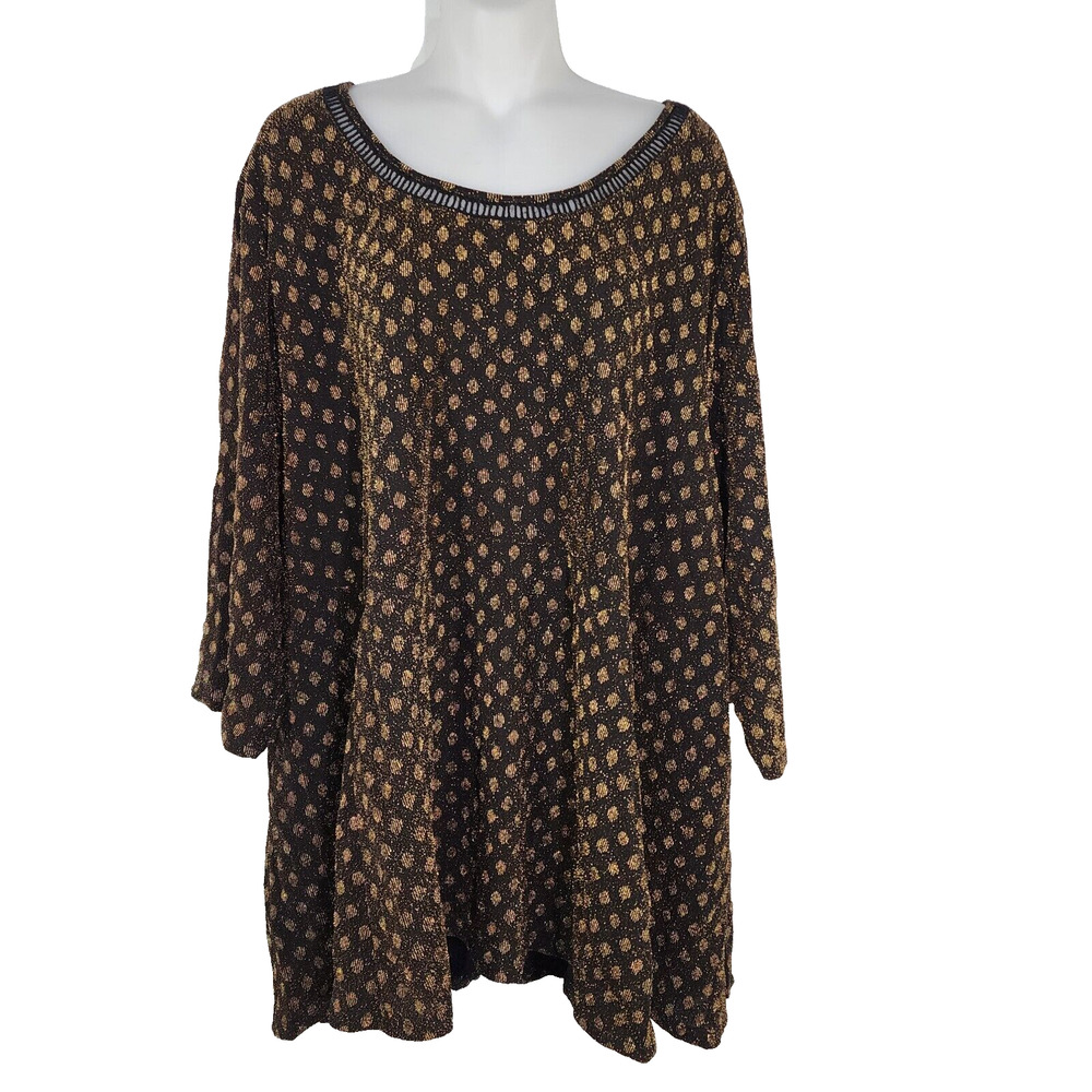 Catherines Tunic Top Womens Size 3X Black Gold Metallic Polka Dots Artsy 3/4 Slv